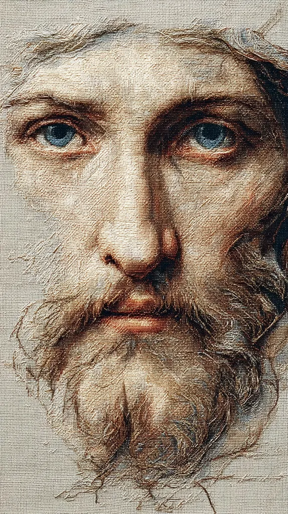 Close-up detail of a man's face, rendered in a style reminiscent of classical painting.  His expression is serene, his eyes a striking blue.  The image emphasizes texture, with the artist meticulously depicting the strands of his beard and the subtle variations in skin tone.  The overall effect is one of realism and quiet contemplation.
