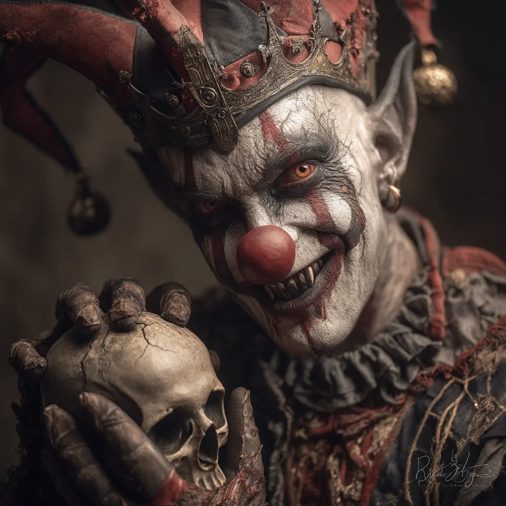 A terrifying close-up of a sinister jester.  His face is heavily made up, a grotesque clown with sharp teeth and orange eyes. He wears a crown and pointed hat, and clutches a human skull in his gloved hands. The overall tone is dark and unsettling, creating a nightmarish atmosphere.  The image suggests themes of death, darkness, and macabre humor.