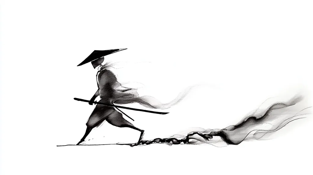 A minimalist ink painting depicts a lone samurai, clad in flowing robes and a wide-brimmed hat, striding purposefully across a white background.  His drawn katana is visible, and a trail of ink suggests motion and speed. The style evokes a sense of grace and quiet intensity, characteristic of East Asian art.  The overall impression is one of movement and determination.
