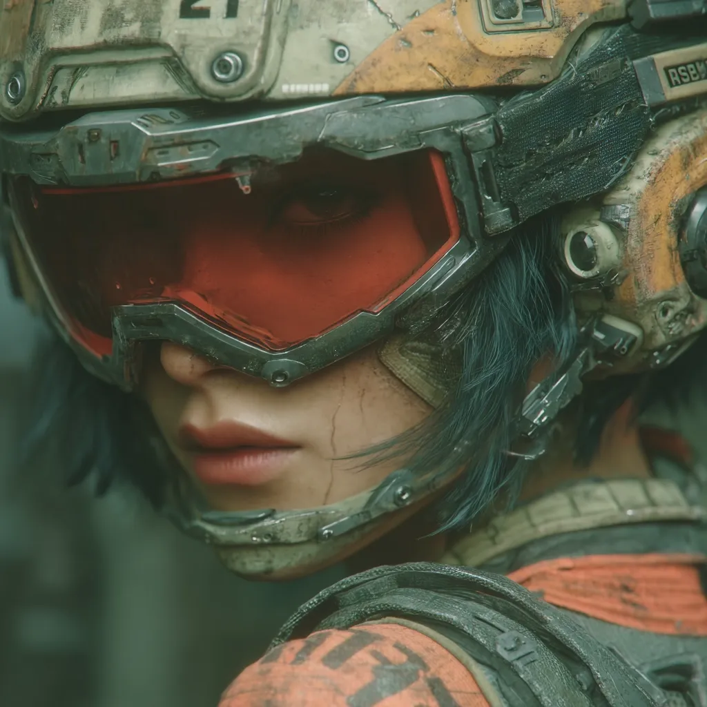 Close-up of a woman's face, partially obscured by a weathered, futuristic helmet with red goggles.  The helmet shows signs of wear and battle damage. Her expression is serious and intense, her dark hair partially visible. The overall aesthetic is cyberpunk, blending gritty realism with advanced technology.  The orange accents on her armor are a striking contrast to the muted greens and browns of the background.
