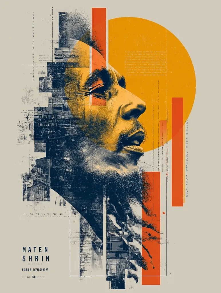 A stylized portrait of Bob Marley dominates this abstract artwork.  His profile is rendered in deep blues and yellows, juxtaposed against bold orange and grey geometric shapes and textural collage elements suggesting urban landscapes. The overall effect is a vibrant and dynamic blend of portraiture and abstract design,  featuring the artist's name, "Mateen Shrin," and the words "BAGIR DYNSIM?".