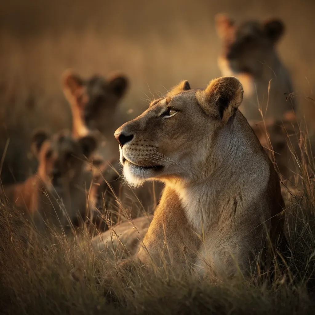 A majestic lioness rests in tall grass, bathed in the warm glow of the setting sun.  Her gaze is directed towards the horizon, a serene expression on her face.  Two cubs are visible in the background, blurred slightly, suggesting a protective maternal presence. The scene evokes the beauty and wildness of the African savanna.