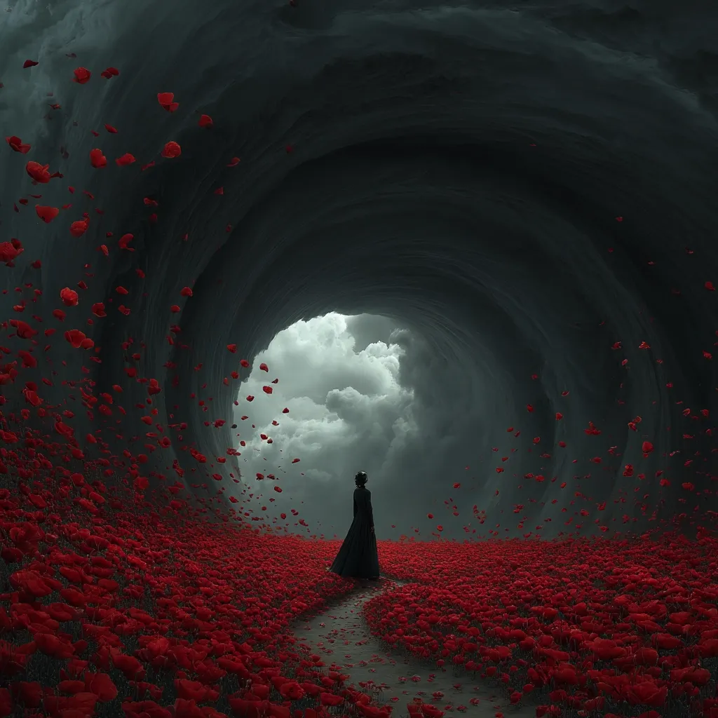 A solitary figure in a dark gown stands at the entrance of a swirling, dark tunnel, surrounded by a vast field of red poppies.  Petals drift in the air, creating a dreamlike, ethereal atmosphere.  The tunnel opens to a cloudy sky, suggesting a journey into the unknown or a passage between worlds.  The overall mood is mysterious and melancholic.