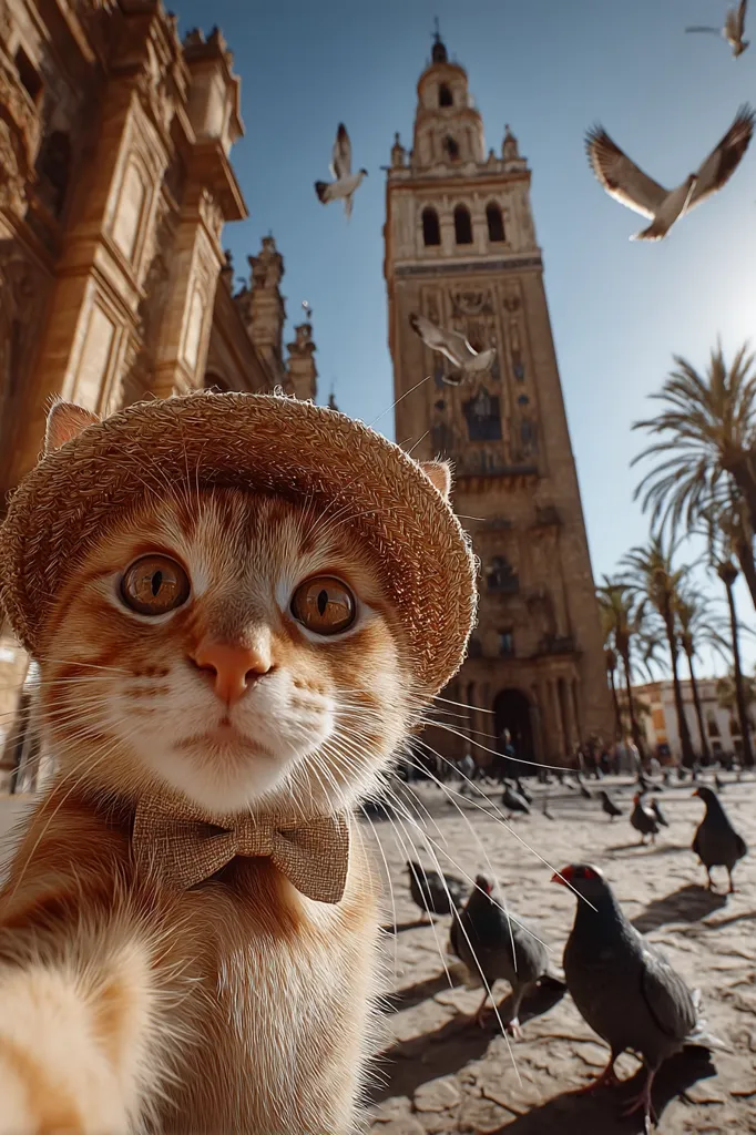 A ginger cat, wearing a straw hat and bow tie, takes a selfie in a sunny plaza.  The backdrop features a majestic Spanish cathedral and several pigeons.  The cat's expression is curious and engaging, creating a charming and whimsical scene.  Birds fly overhead, adding to the lively atmosphere.