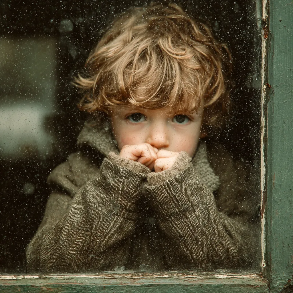 A young boy with curly blonde hair looks intently through a rain-streaked window.  He's bundled in a brown tweed jacket, his hands clasped in front of his face.  The overall mood is pensive and slightly melancholic, the image imbued with a vintage, almost nostalgic feel. The background is blurred, focusing attention on the child's expression.