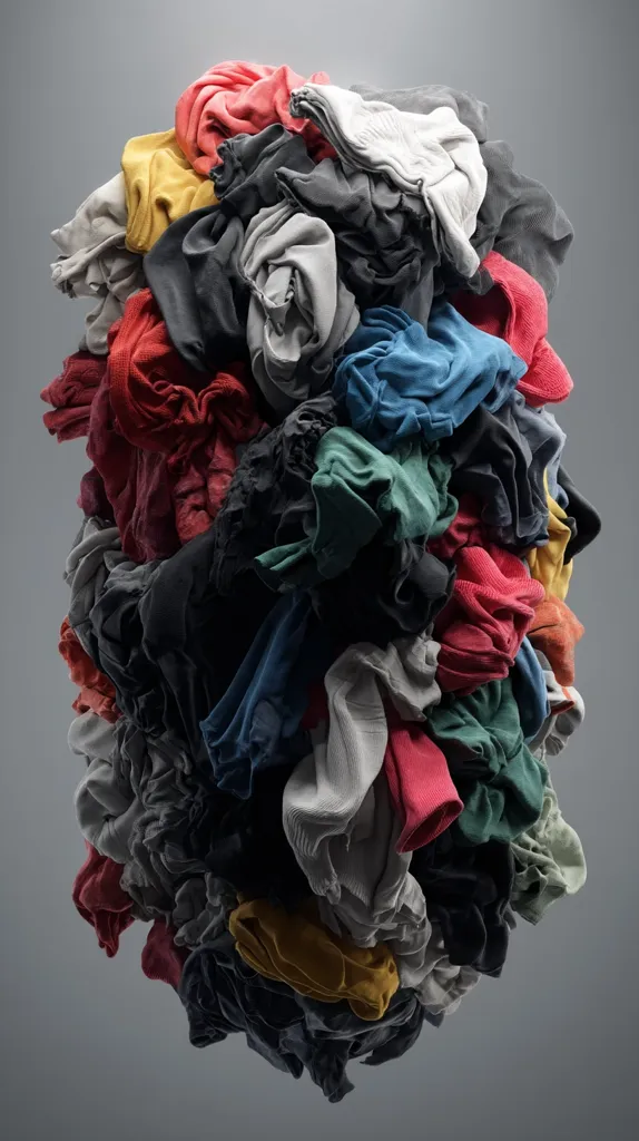 A large, dense pile of crumpled clothing hangs suspended against a gray backdrop.  The fabric is a chaotic mix of various colors including dark grays, blues, reds, and yellows, suggesting a collection of discarded or used garments. The image conveys a sense of volume and texture, highlighting the mass of fabric.