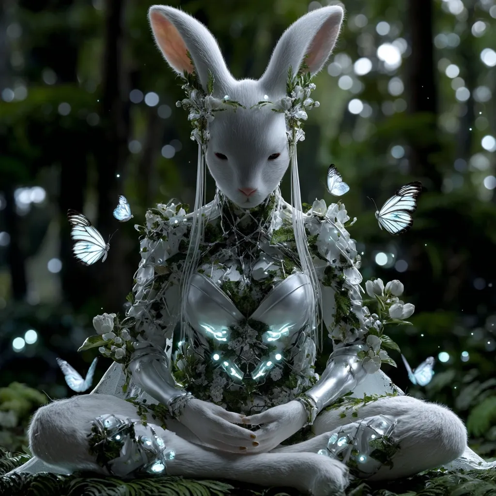 A serene, anthropomorphic rabbit sits in a meditative pose amidst a lush, enchanted forest.  Its body is adorned with blossoming flowers and vines, interwoven with a silver, bioluminescent exoskeleton.  Delicate butterflies flutter around it, creating a mystical and peaceful atmosphere. The rabbit's expression is calm and contemplative, embodying a harmonious blend of nature and technology.
