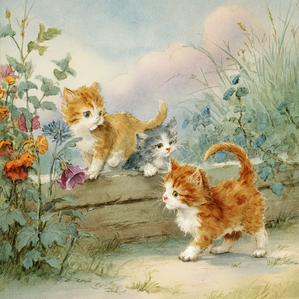 Three adorable kittens frolic amidst a vibrant garden. Two ginger kittens perch atop a weathered wooden fence, while a smaller grey kitten sits beside them.  A third ginger kitten playfully approaches from below, creating a charming scene of youthful feline energy.  The soft watercolor painting depicts a tranquil, idyllic setting, bathed in gentle light. Lush greenery and colorful flowers complete the picturesque background.