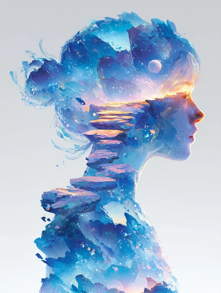 A digital painting depicts a woman's profile subtly blended with a celestial landscape.  Her hair flows into swirling blues and purples, mirroring a starry sky.  A path of stone steps ascends within her form, leading towards a warm, sunset-like horizon.  The overall effect is dreamlike and ethereal, suggesting inner landscapes and the journey of self-discovery.