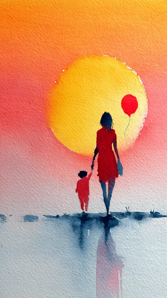 A watercolor painting depicts a mother and child walking hand-in-hand towards a large, yellow sun setting in an orange and pink sky.  A small red balloon floats above them. The figures are silhouetted, and their reflections are visible in the water below. The style is minimalist and evocative, suggesting a feeling of warmth, hope, and togetherness.