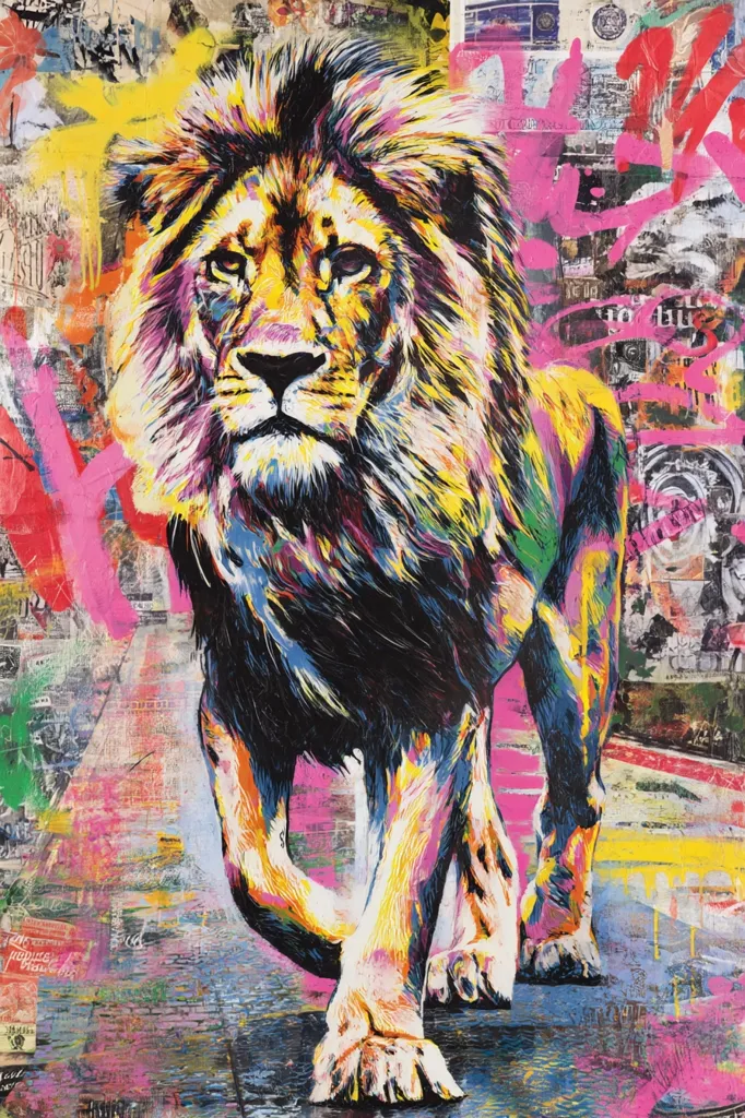 A vibrant, stylized painting depicts a lion walking forward. The lion is rendered in bold, multicolored strokes of paint, predominantly yellow, pink, and blue, against a background of collaged images and graffiti-style markings. The artwork combines realism with abstract expressionism, creating a powerful and dynamic visual narrative.  The lion's intense gaze and powerful stance command attention.