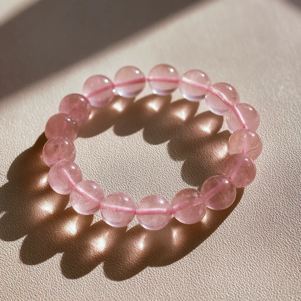 A delicate bracelet composed of round, pale pink rose quartz beads rests on a beige surface.  Sunlight casts shadows, highlighting the translucent quality of the stones. The bracelet is simple yet elegant, showcasing the natural beauty of the gemstones.  The overall image evokes a sense of serenity and calm.