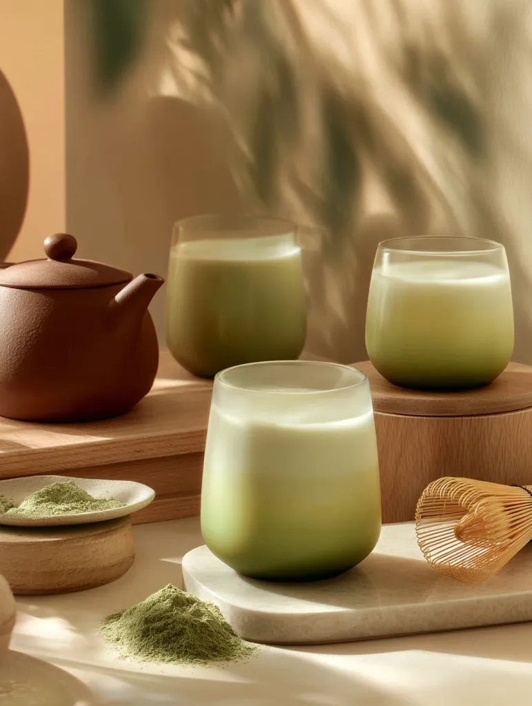 Three glasses of matcha latte sit on a marble surface, next to a brown teapot and bowls of matcha powder.  A matcha whisk rests nearby.  Soft, natural light casts shadows, creating a serene and calming scene. The glasses are ombre, transitioning from a light cream to a deeper green at the base.  The overall aesthetic is minimalist and sophisticated.