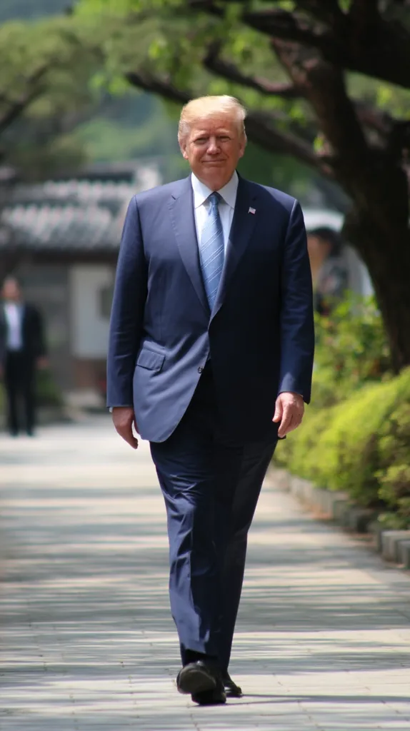 Donald Trump, former President of the United States, is shown walking down a paved path.  He's wearing a dark blue suit, light blue tie, and black shoes.  The background is blurry but shows green foliage and a traditional-style building.  The overall impression is one of a formal setting, possibly a diplomatic visit.  Sunlight casts shadows on the path.