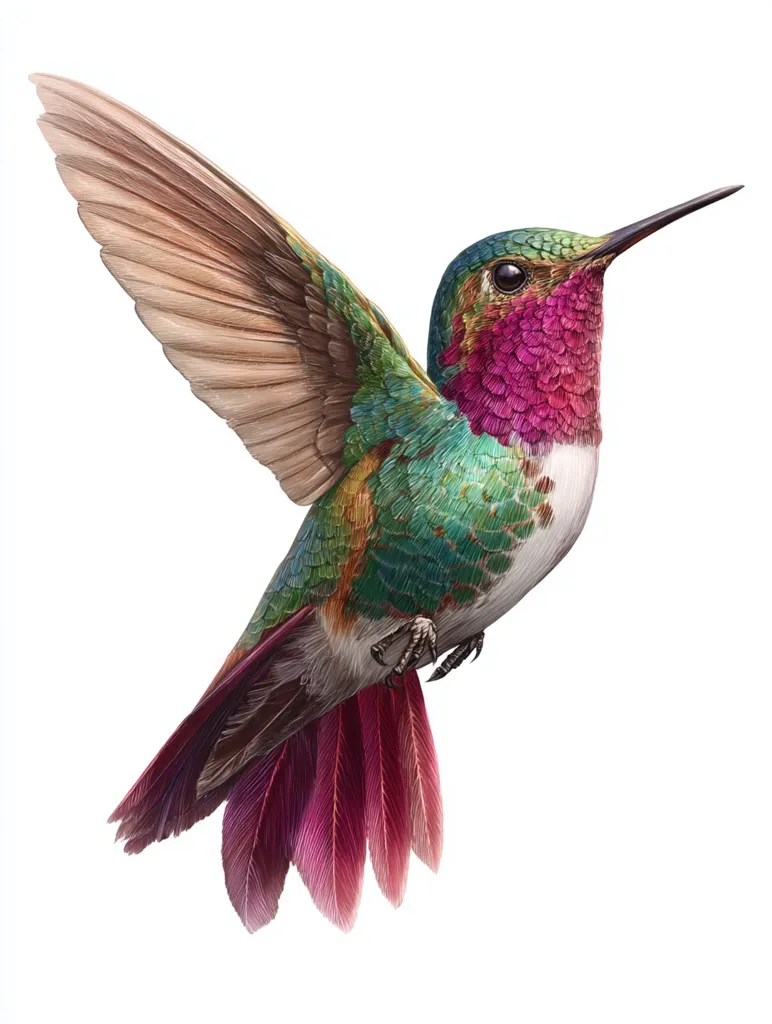 A vibrant hummingbird, depicted in exquisite detail, hovers mid-flight against a stark white background. Its wings are outstretched, showcasing intricate feather patterns in shades of brown and tan.  The hummingbird's body is a captivating blend of emerald green, turquoise, and a striking magenta throat.  Its long, slender beak is slightly curved, and its tail feathers are a deep, rich pink. The overall impression is one of delicate beauty and dynamic motion.