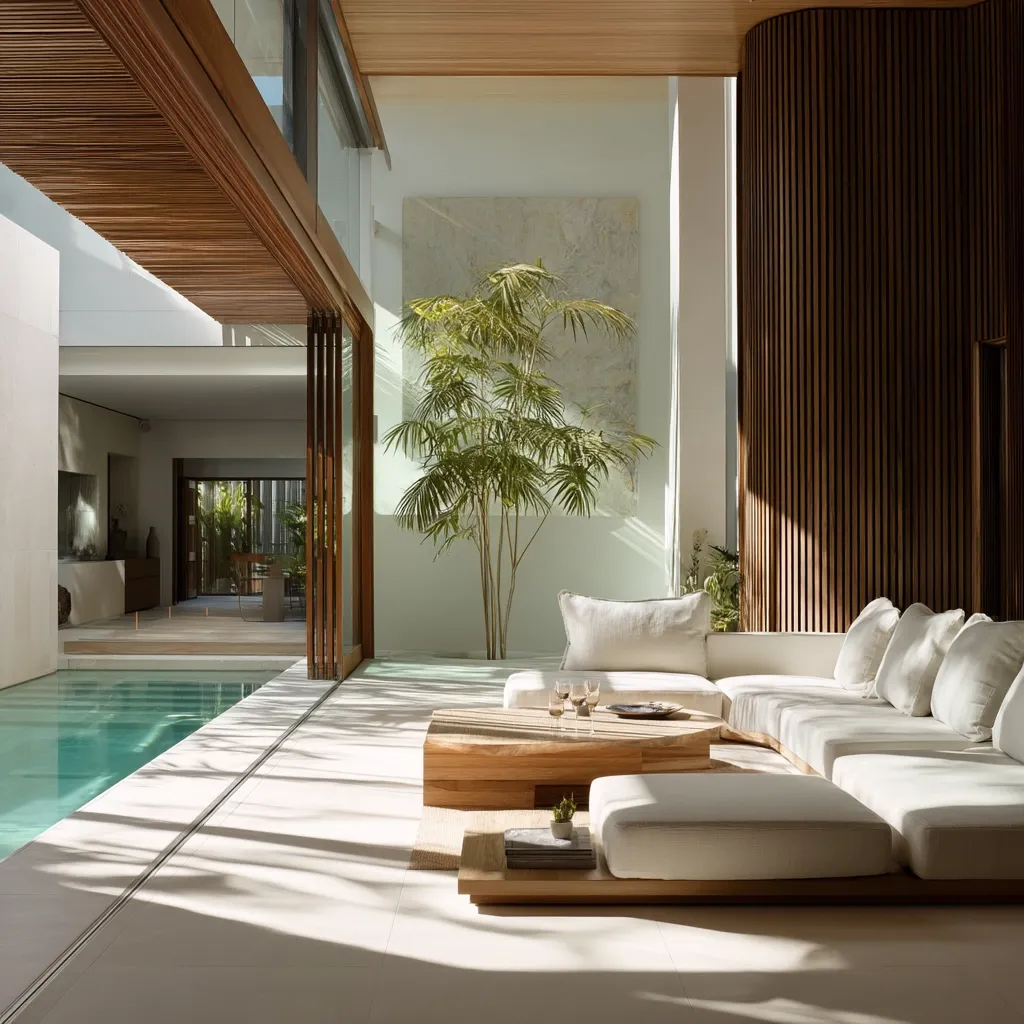 A modern, minimalist home features a light-filled interior with a seamless transition between indoor and outdoor spaces.  A long, low sectional sofa in off-white sits around a low wooden coffee table, overlooking a tranquil swimming pool.  Natural light streams through large glass sliding doors and a wooden slatted ceiling adds warmth to the serene atmosphere.  A tall palm plant provides a touch of greenery. The overall design evokes a sense of calm and sophisticated luxury.