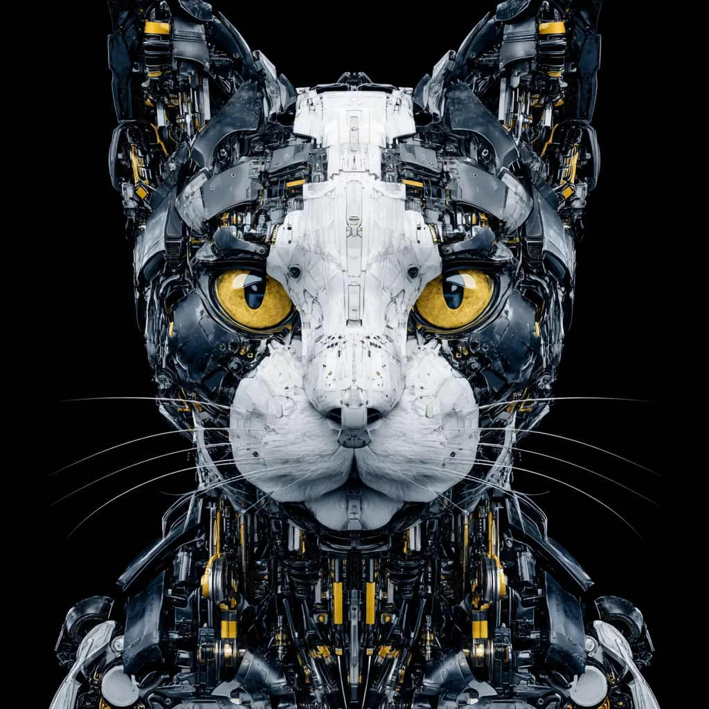 A detailed close-up reveals a robotic cat, meticulously crafted with intricate mechanical components.  Its face is a blend of organic feline features and complex machinery, predominantly black and white with striking yellow eyes. The robotic body is visible beneath, showcasing gears, pistons, and other mechanical elements.  The overall effect is a surreal and captivating fusion of nature and technology.