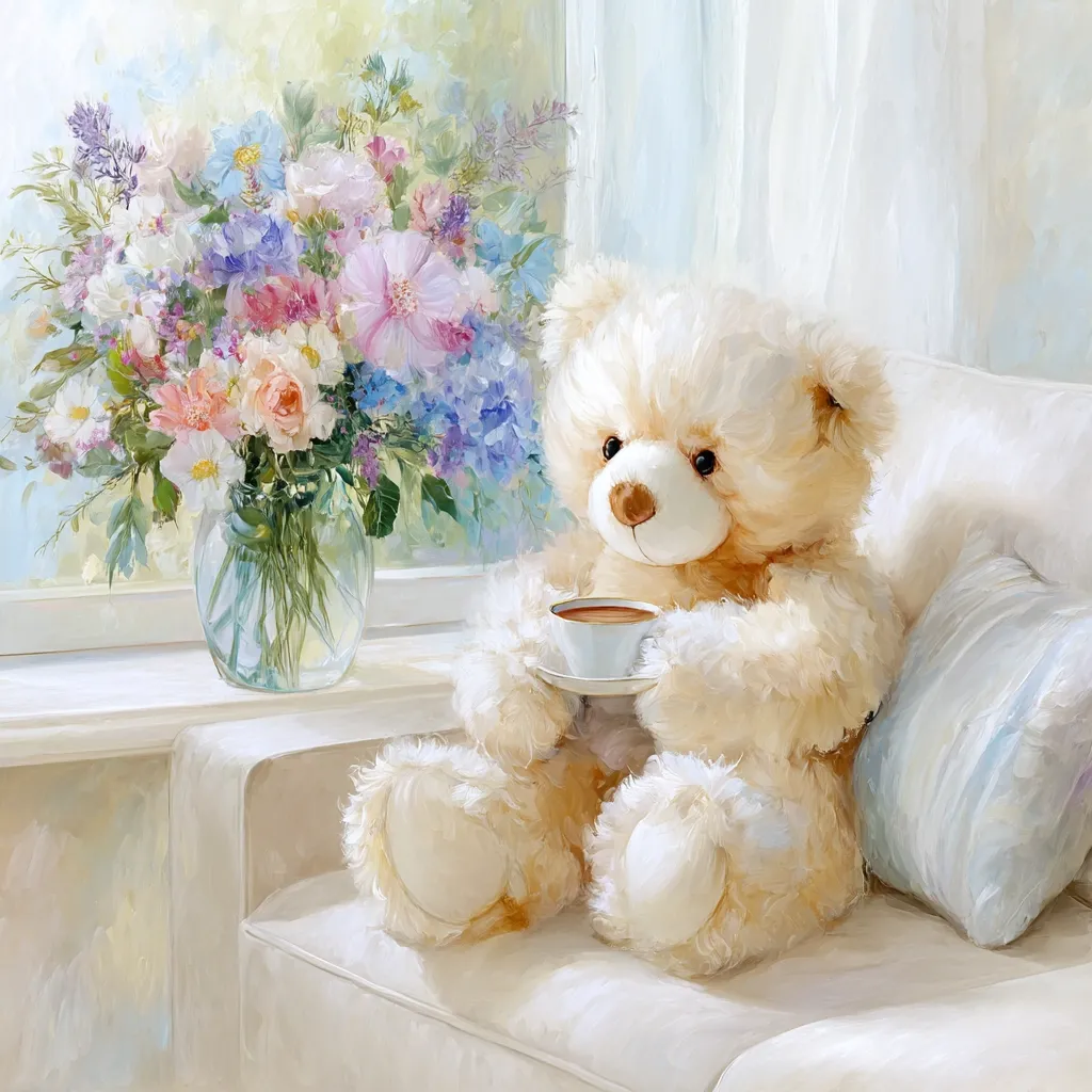 A painting depicts a fluffy, cream-colored teddy bear sitting on a white couch, gently holding a small cup of tea.  A vase of vibrant, pastel-colored flowers sits on the windowsill behind the bear, bathed in soft sunlight. The scene is peaceful and serene, evoking feelings of warmth and comfort.  The artistic style is soft and dreamy, emphasizing the gentle textures of the fur and petals.
