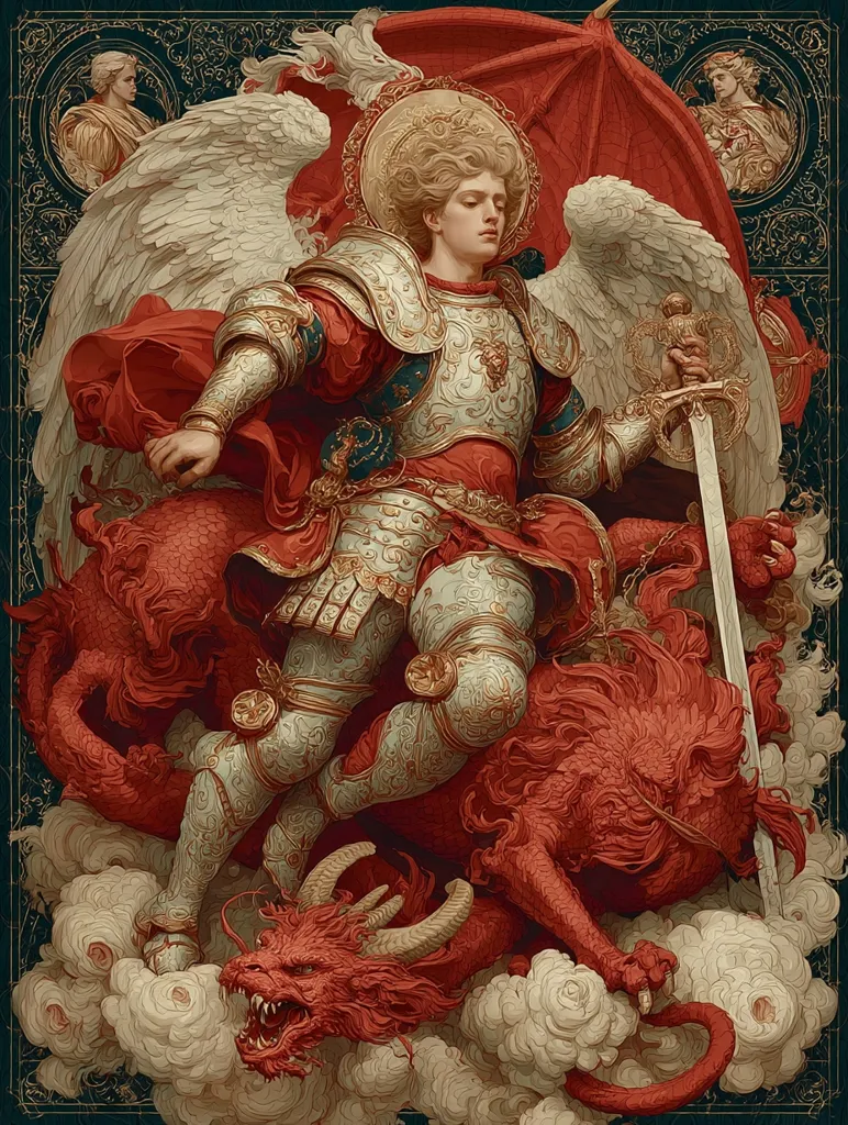 A majestic angel, clad in ornate, silver armor and a flowing red robe, sits atop a fiery red dragon.  Large, white wings extend from the angel's back, and a sword is held firmly in their hand.  The scene is richly detailed, with a dark green background featuring smaller, framed images of angelic figures.  The overall style evokes classical religious art with a fantastical twist.