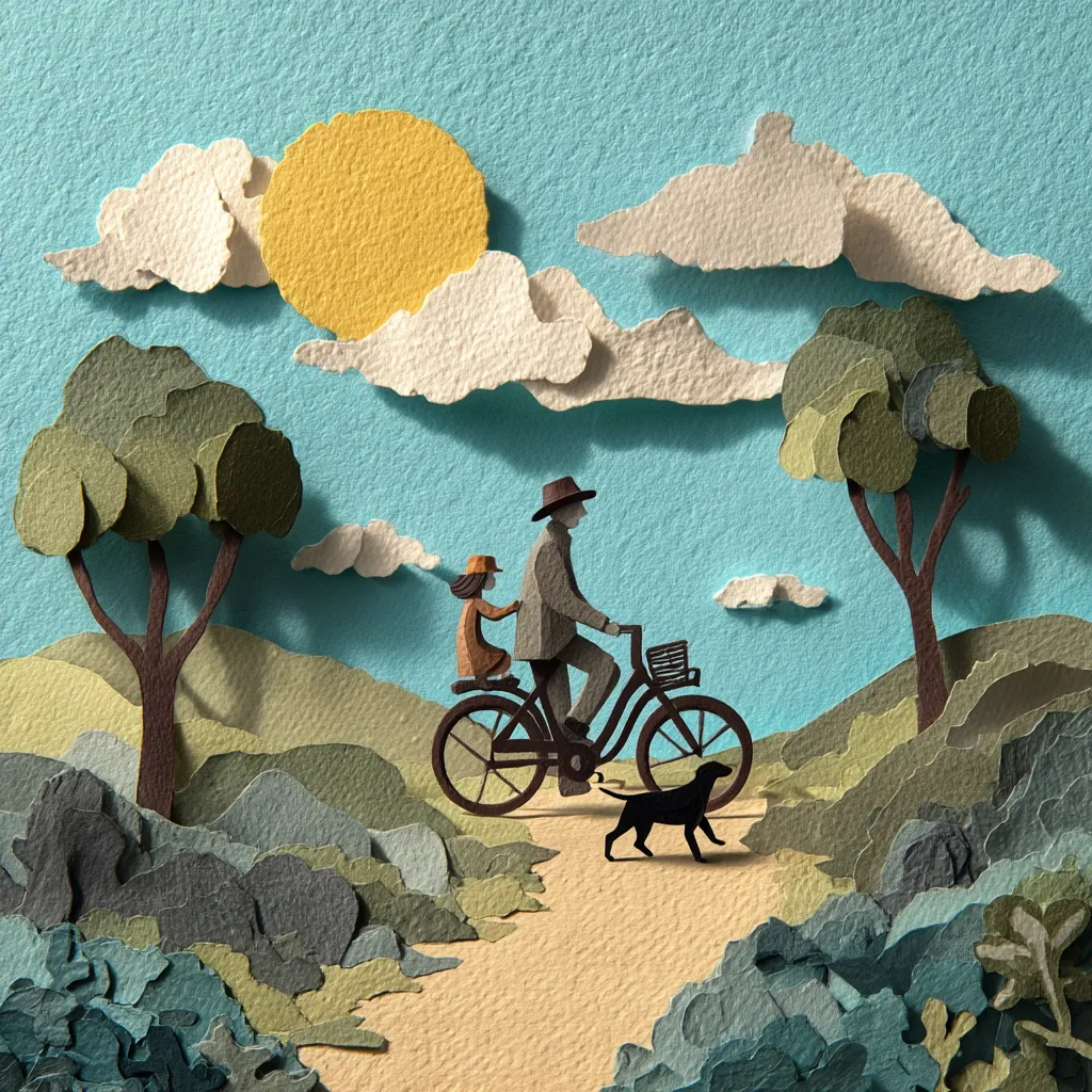 A charming paper craft depicts a father and daughter cycling along a sun-drenched path.  The textured paper creates a three-dimensional landscape of rolling hills, trees, and fluffy clouds under a bright yellow sun.  A small black dog trots alongside them, adding to the idyllic scene of a peaceful family outing.  The intricate detail and warm color palette evoke a sense of joy and tranquility.