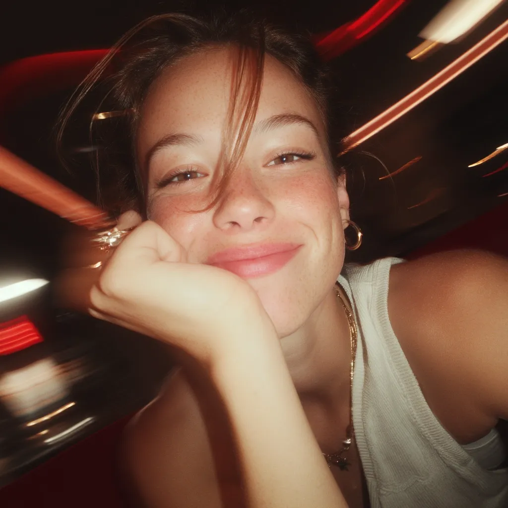 A close-up selfie of a young woman with freckles and light brown hair.  She's smiling gently, her hand resting on her chin.  She wears a white tank top and gold hoop earrings. The background is blurred, with streaks of red and white light suggesting a nighttime setting, possibly from car lights or a city scene. The overall mood is warm and intimate.