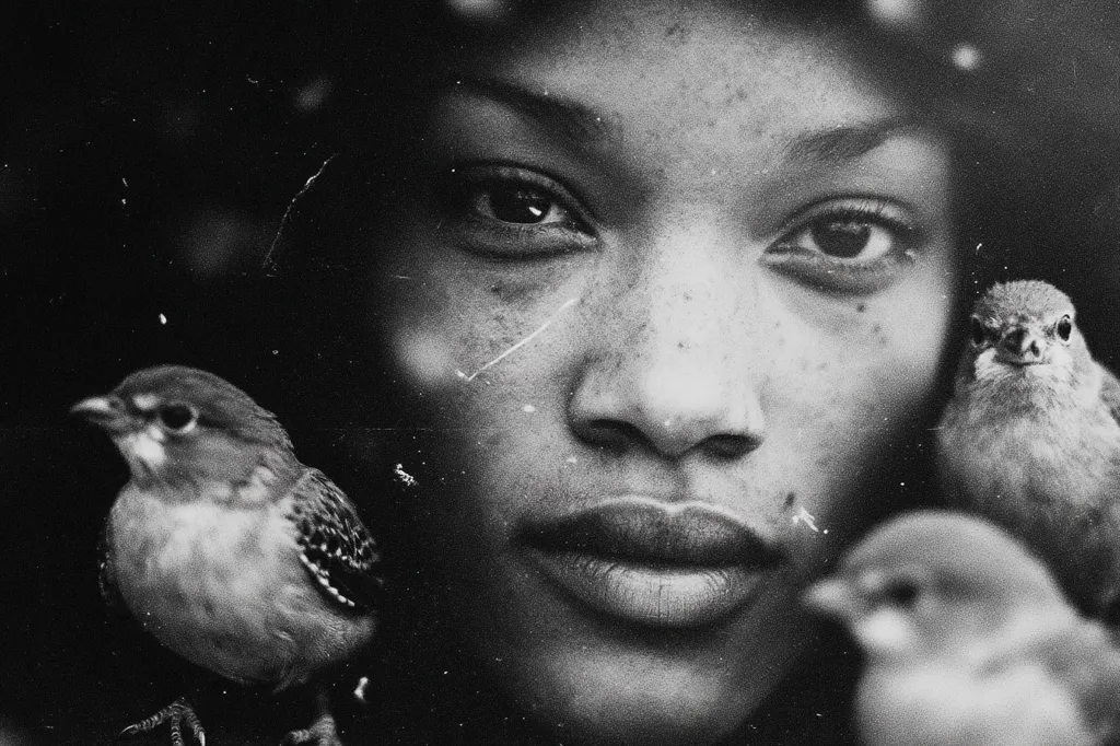 A black and white close-up portrait of a young woman's face, partially obscured by three small birds.  The woman's expression is serene, her face speckled with freckles. The birds appear nestled against her cheeks and side, creating a surreal and intimate composition.  The grainy texture of the photograph adds to its artistic feel.