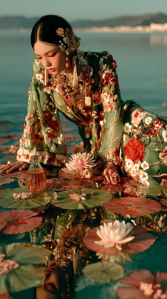 A woman in a richly embroidered green robe, adorned with gold jewelry and a floral headpiece, gracefully reclines amidst a serene water garden.  Large lily pads and blossoms surround her, reflecting in the still water.  A small bottle rests nearby, adding to the mystical, ethereal atmosphere. The image evokes a sense of tranquility and otherworldly beauty.