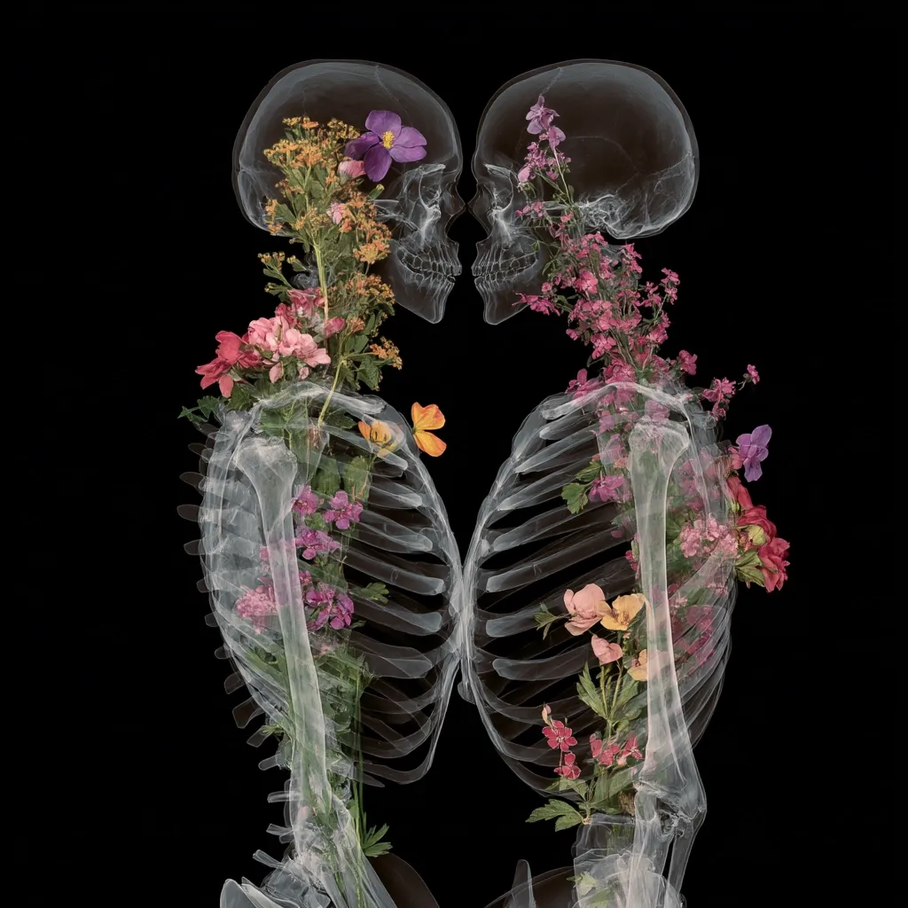 Two skeletal figures, seemingly lovers, embrace against a black background.  Their ribcages and arms are adorned with vibrant wildflowers in various colors, creating a striking juxtaposition of life and death.  The image is a surreal blend of anatomical detail and botanical beauty, suggesting themes of mortality and love's enduring power.