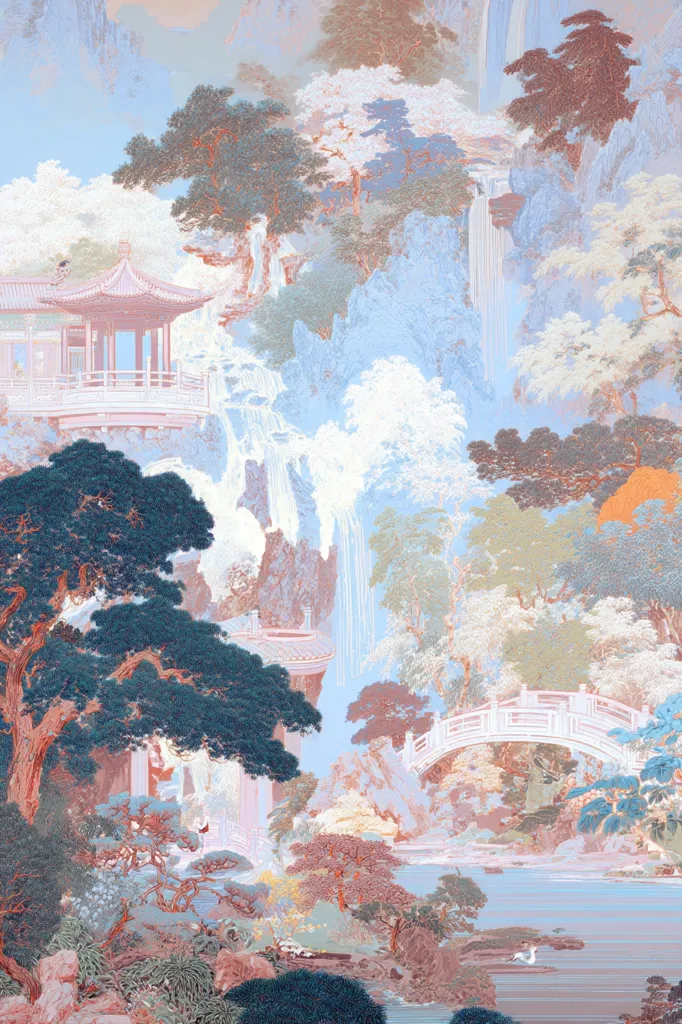 A pastel-colored landscape painting depicts a serene Asian garden.  Waterfalls cascade down rocky cliffs, flowing into a tranquil lake.  Elegant bridges and a traditional pavilion are nestled amongst lush trees and flowering plants. The overall mood is peaceful and dreamlike, with soft, muted tones dominating the scene.  The style suggests a romanticized vision of nature and architecture.