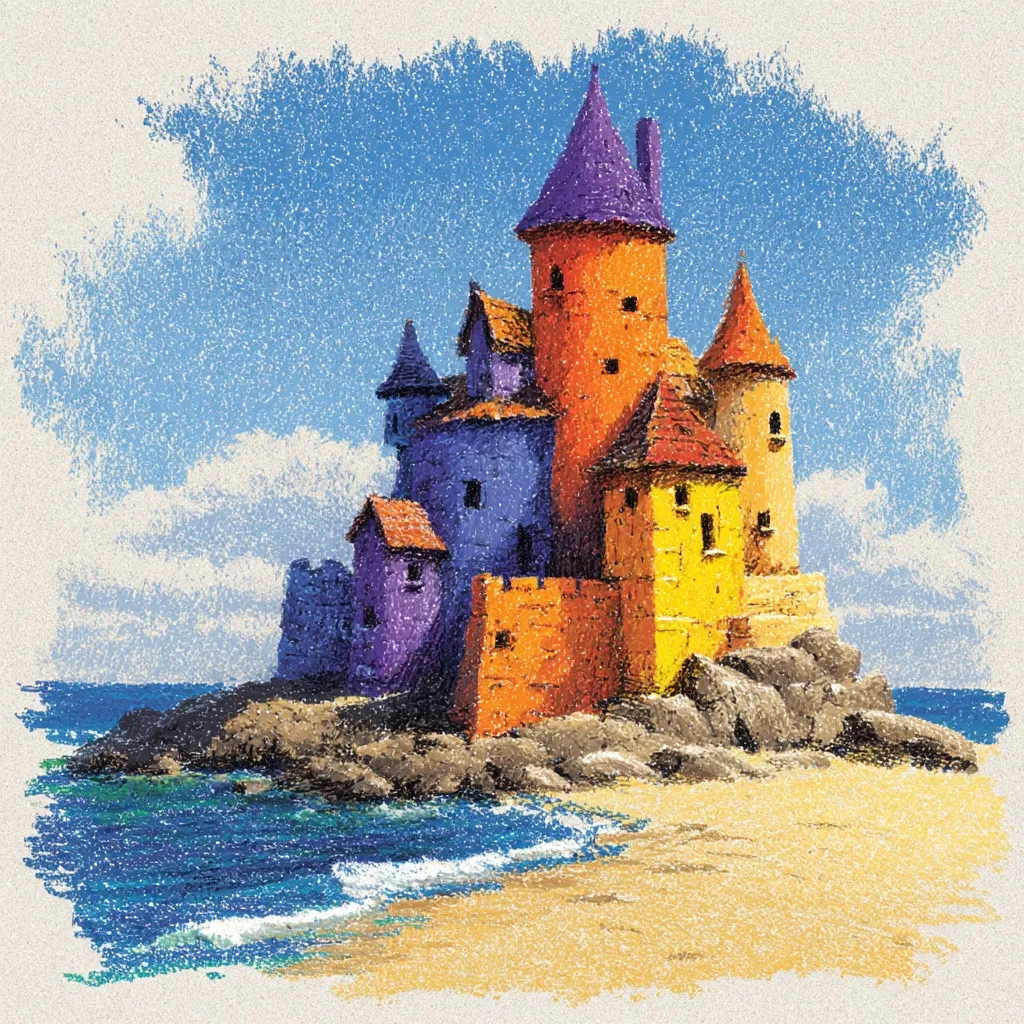 A whimsical castle, painted in vibrant orange, purple, and yellow hues, sits perched on a rocky outcrop by the sea.  The stylized artwork, possibly created with pastels, showcases a fairytale-like structure with multiple towers and varied architectural elements. Gentle waves lap at the sandy shore, under a bright blue sky with soft clouds.  The overall impression is one of playful fantasy and idyllic coastal charm.