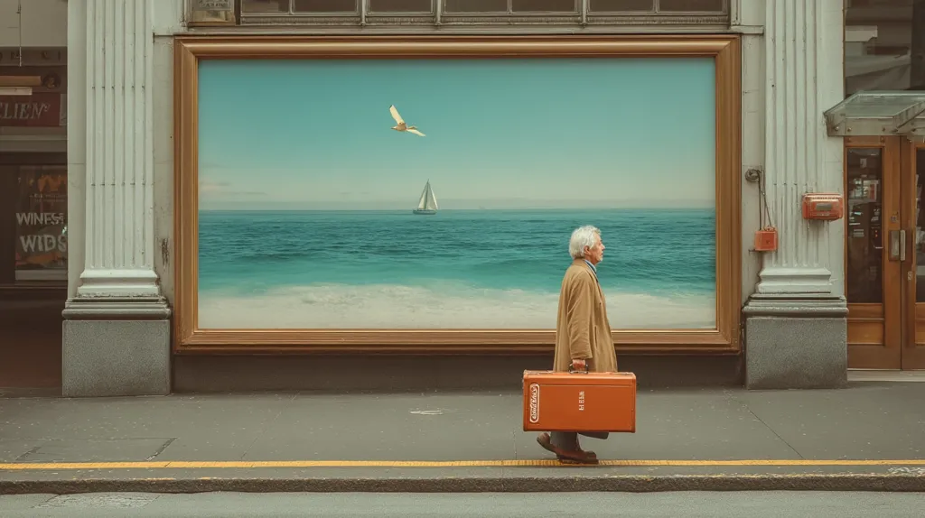 An elderly man walks past a large storefront window displaying a serene seascape painting.  The picture depicts a tranquil ocean with a sailboat and a bird in flight. The man carries an orange suitcase, suggesting travel or a journey. The overall scene evokes a feeling of peace and wanderlust, juxtaposing the everyday urban setting with the idyllic image within the window.