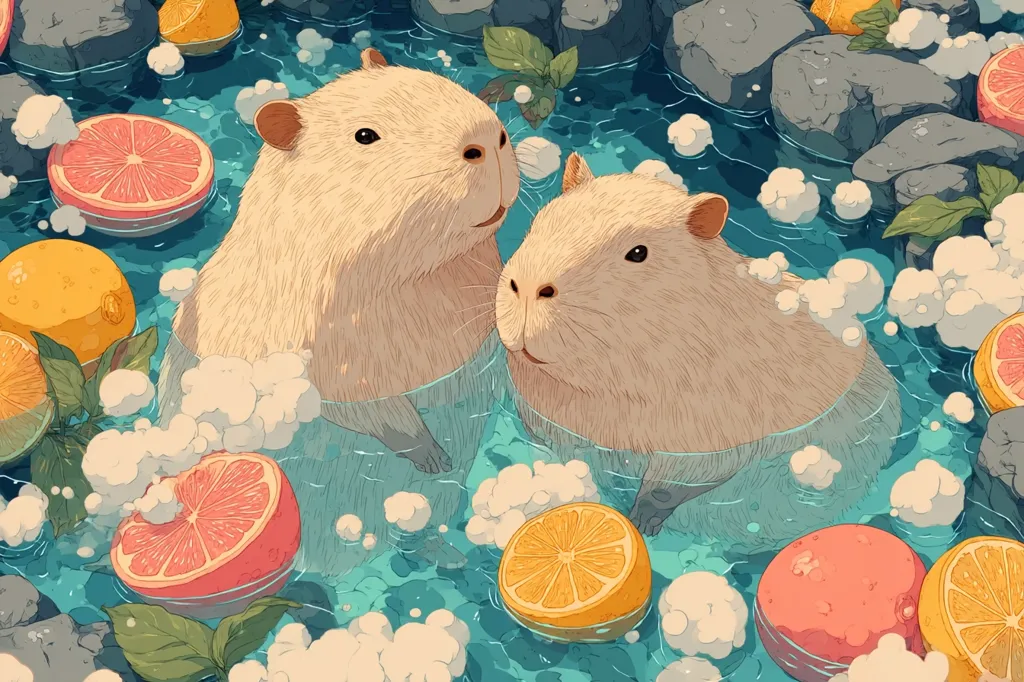 Two fluffy capybaras relax in a tranquil stream, surrounded by floating citrus fruits.  Bubbles rise to the surface as the capybaras enjoy their refreshing bath.  The scene is idyllic and peaceful, with soft pastel colors and a whimsical feel.  Rocks and lush greenery frame the serene water.