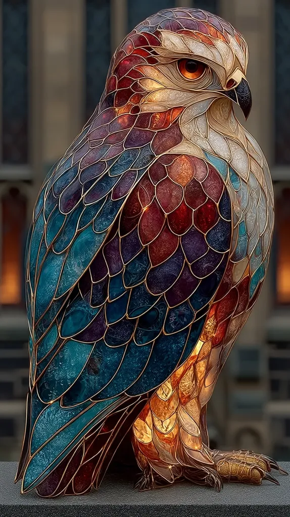 A striking digital artwork depicts a falcon rendered in a stained-glass style.  The bird's plumage is a vibrant mosaic of blues, purples, reds, and golds, outlined in thin metallic lines.  It is perched on a dark surface, with a blurred city backdrop visible behind it.  The image's rich colors and intricate detailing create a captivating and almost luminous effect. The falcon's eye is intensely detailed, enhancing its realistic portrayal despite the artistic style.