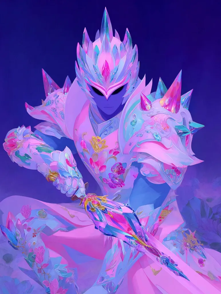 A stylized illustration depicts a knight clad in ornate, pastel-colored armor.  The armor features sharp, crystalline protrusions and delicate floral patterns, creating a striking contrast of textures. The knight's helmet is crowned with a similarly styled crest, and they wield a crystalline sword, its details mirroring the armor's design.  The overall aesthetic is dreamy and ethereal, with a vibrant purple-pink color palette dominating the scene.