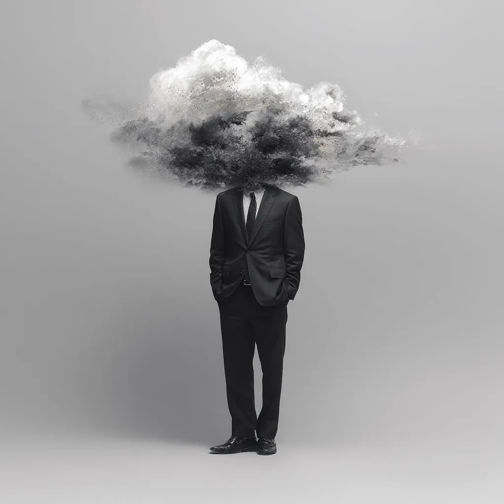 A man in a dark suit stands against a light gray background.  His head is replaced by a dark, swirling cloud, suggesting a troubled mind or overwhelming thoughts. The image is monochromatic, creating a somber and surreal atmosphere, symbolizing perhaps stress, anxiety, or the weight of responsibilities. The contrast between the formal attire and the chaotic cloud emphasizes the internal struggle.