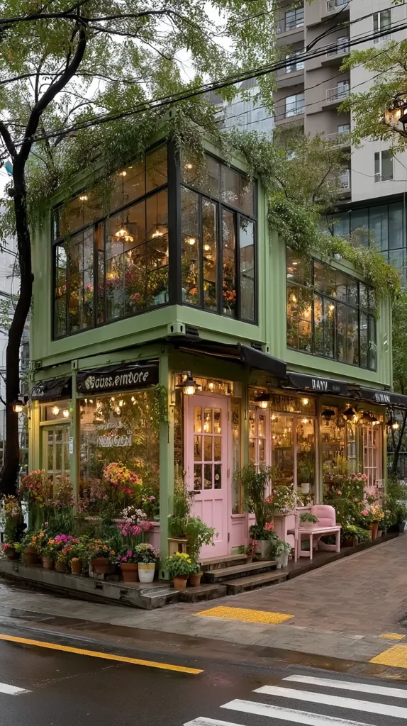A charming, green flower shop occupies a converted shipping container.  Large windows showcase an array of colorful blooms and greenery.  A pink door adds a touch of whimsy.  Potted plants adorn the exterior, creating a vibrant, inviting storefront on a rain-slicked street corner. The shop is nestled amongst lush greenery and a tall apartment building.