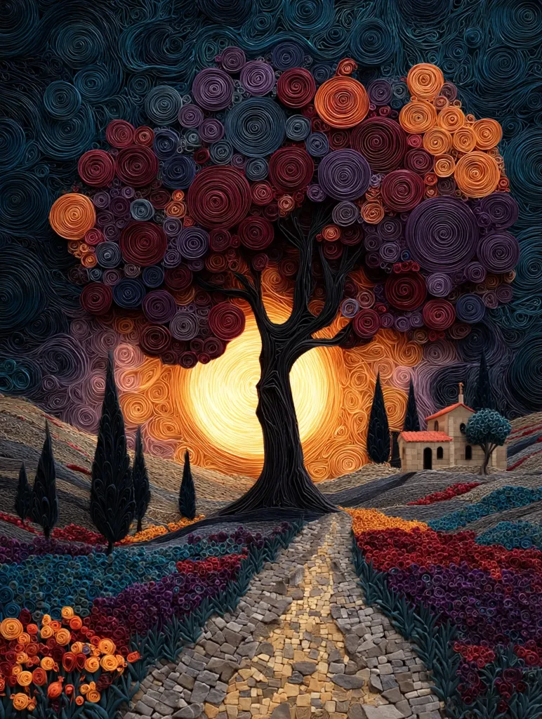 A captivating paper art piece depicts a whimsical landscape.  A large tree, its foliage composed of numerous swirling, colored paper rolls, stands prominently against a setting sun.  A stone path winds through vibrant, flower-filled fields towards a small chapel nestled in the hills.  The style is intricate and detailed, showcasing a masterful use of texture and color in the paper quilling technique.  The overall mood is serene and dreamlike.