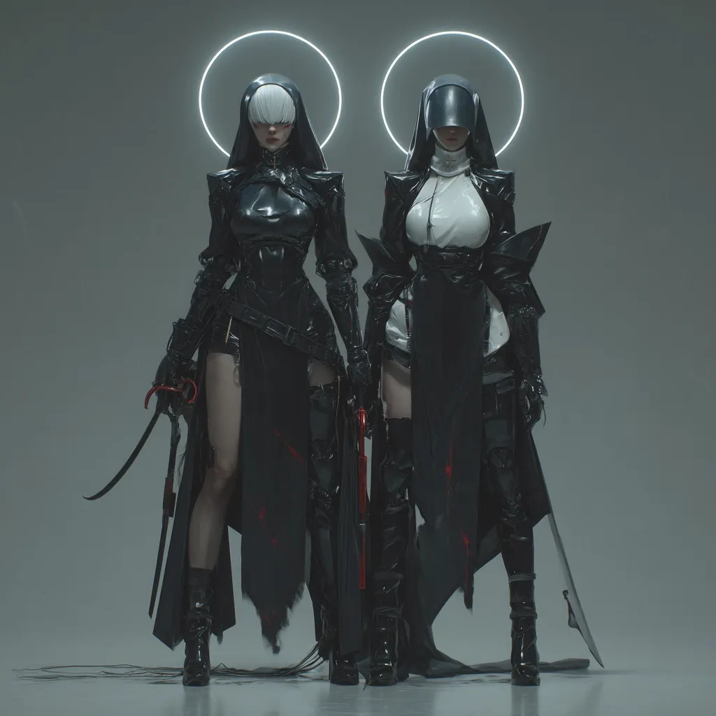 Two female figures, clad in futuristic, black, nun-like attire, stand side-by-side.  Their outfits combine religious symbolism with technological elements, including sleek, armored pieces and high boots.  Each holds a long, dark weapon.  Glowing halos encircle their heads, creating a striking contrast between the sacred and the secular. Blood-like stains mar their garments, hinting at a violent past or present. The overall aesthetic is dark, stylish, and slightly unsettling.