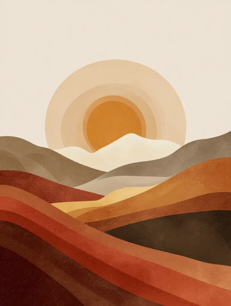 An abstract landscape painting features a stylized sunset over rolling hills.  Earthy tones of orange, brown, and beige dominate the palette, creating a calm and minimalist aesthetic.  The sun is depicted as a concentric circle of warm hues, partially obscured by soft, undulating hills. The overall effect is serene and evokes a sense of tranquility.