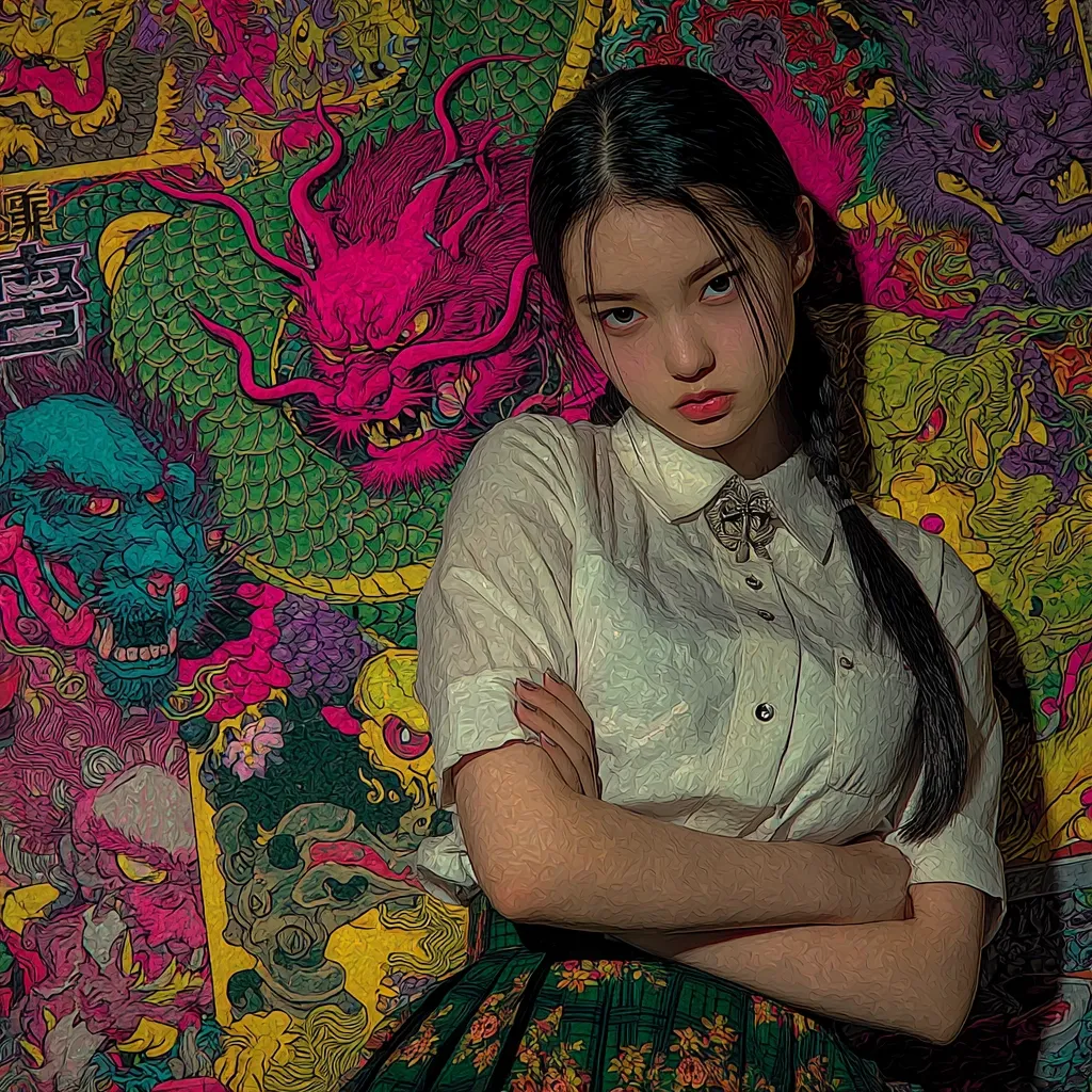 A young woman with dark hair stands against a vibrant backdrop of psychedelic Asian-inspired art. She's dressed in a white collared shirt and a green and floral skirt, arms crossed in a serious pose.  The artwork features fierce dragons and other mythical creatures in bold, contrasting colors of pink, green, and yellow.  The overall style is a blend of painted realism and digital art.