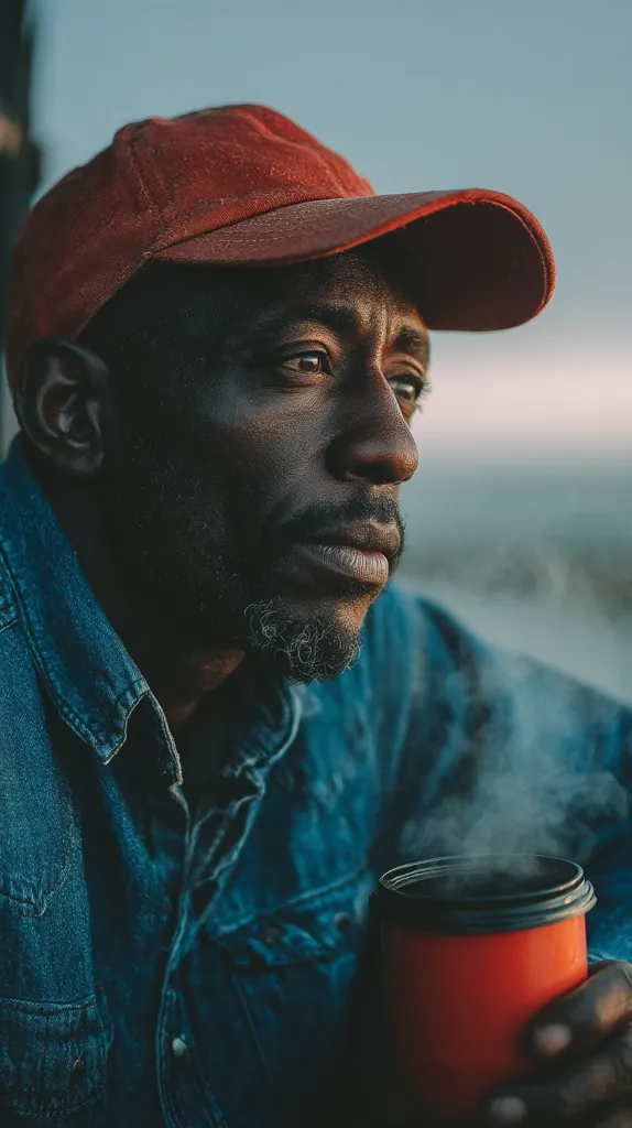 A contemplative Black man, wearing a red baseball cap and a denim jacket, sits outdoors.  Steam rises from a red cup he holds in his hand.  The setting sun casts a warm glow, highlighting his thoughtful expression. His gaze is directed off into the distance, suggesting introspection or quiet contemplation. The overall mood is serene and slightly melancholic.