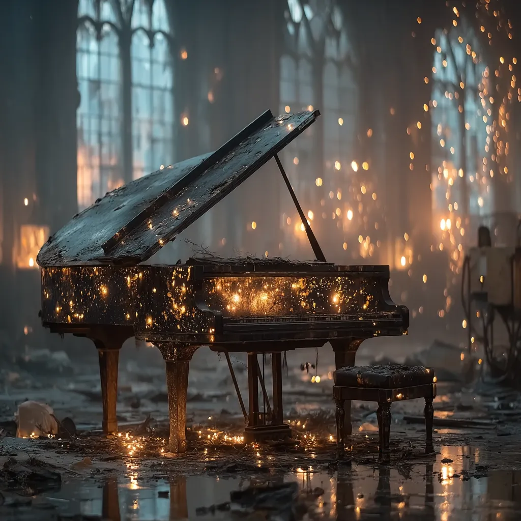 A grand piano, seemingly fire-damaged yet adorned with sparkling lights, sits in a dilapidated, gothic-style hall.  The hall's large windows are dark, and the air is filled with glowing embers.  The piano's lid is open, revealing its interior also illuminated. A small stool sits beside it, reflecting the ethereal ambiance. The scene suggests a poignant juxtaposition of destruction and beauty.