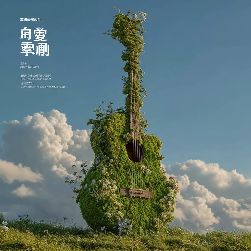A surreal image depicts an acoustic guitar completely overgrown with moss, wildflowers, and greenery.  It stands in a grassy field under a partly cloudy, bright blue sky. The guitar's form is still visible through the lush vegetation, creating a striking contrast between nature and music.  The scene evokes a sense of peace and the harmony between nature and art.
