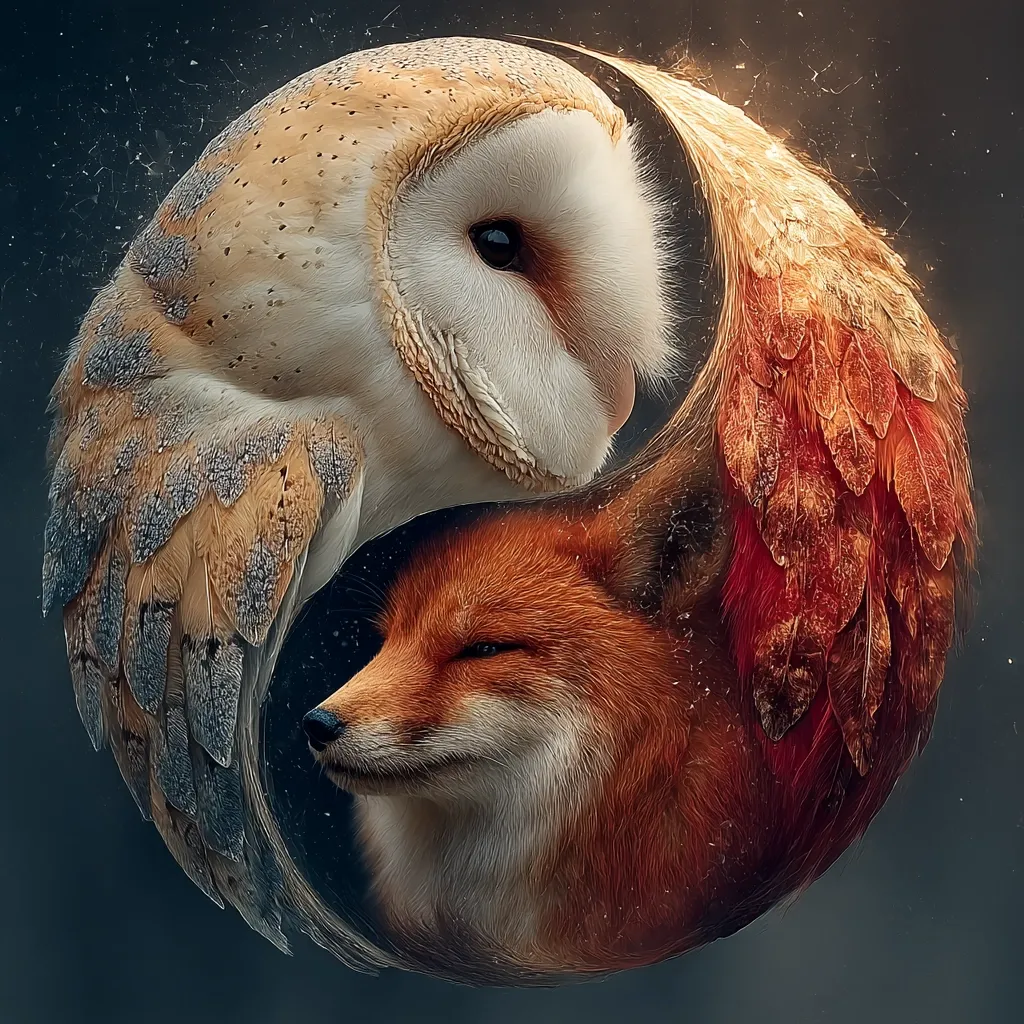 A digital artwork depicts a barn owl and a red fox intertwined in a yin-yang symbol. The owl's soft feathers contrast with the fox's vibrant fur.  The image is richly textured, creating a mystical and harmonious representation of opposing forces unified in a circle.  Glowing particles add to the ethereal quality of the piece.