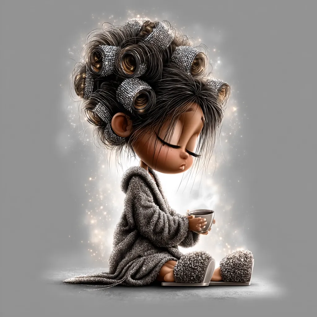 An adorable cartoon girl with dark skin and hair in silver curlers sits in a fluffy grey robe and slippers.  She holds a small cup, possibly coffee, and her eyes are closed, conveying a peaceful and sleepy morning vibe.  The image is softly lit with a gentle sparkle effect around her.  The overall style is whimsical and charming.