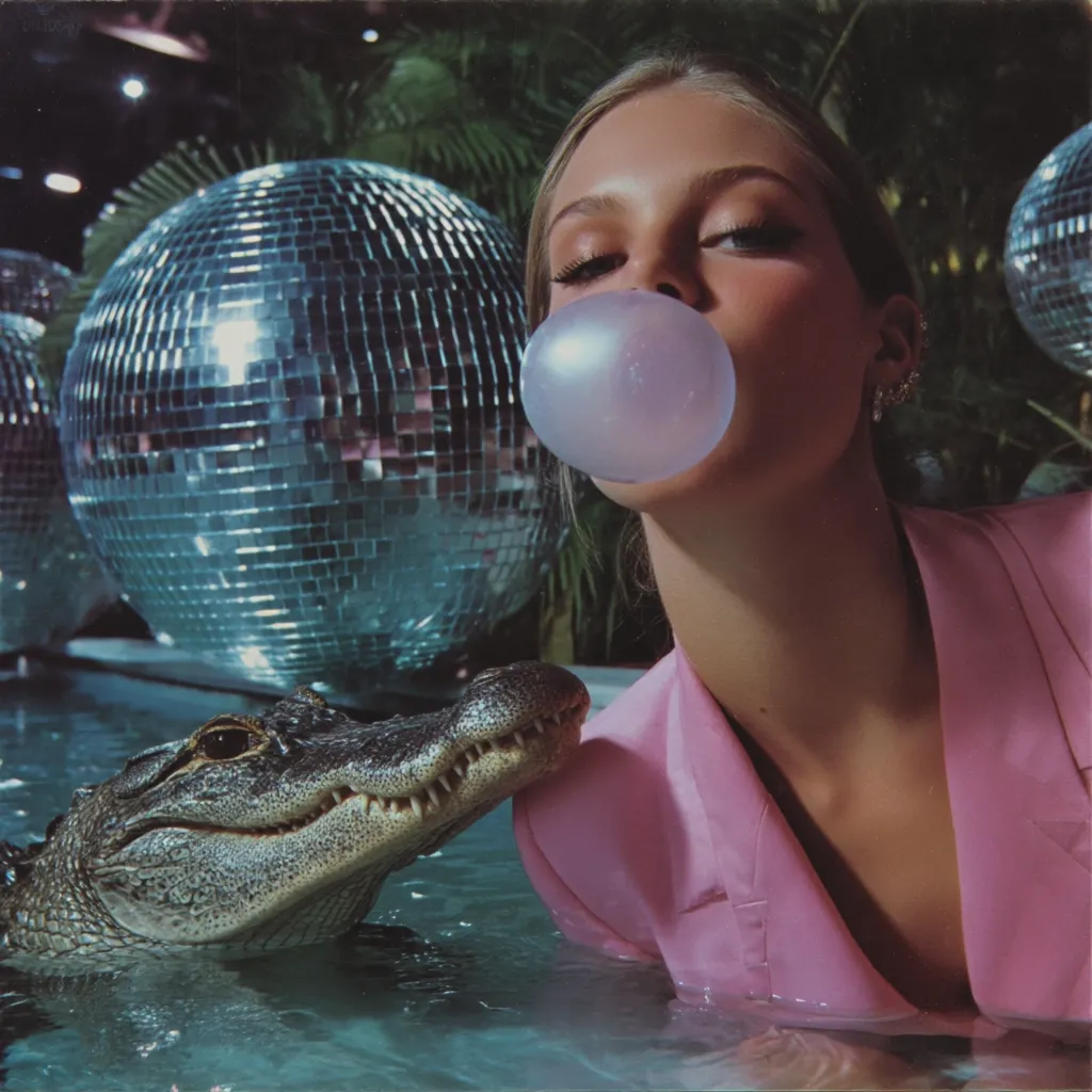 A young woman in a pink blazer blows a bubble of gum while partially submerged in a pool.  A small alligator's head is visible beside her, appearing calm. Large disco balls shimmer in the background, creating a surreal and glamorous atmosphere.  The image is evocative of a stylish, unexpected juxtaposition.