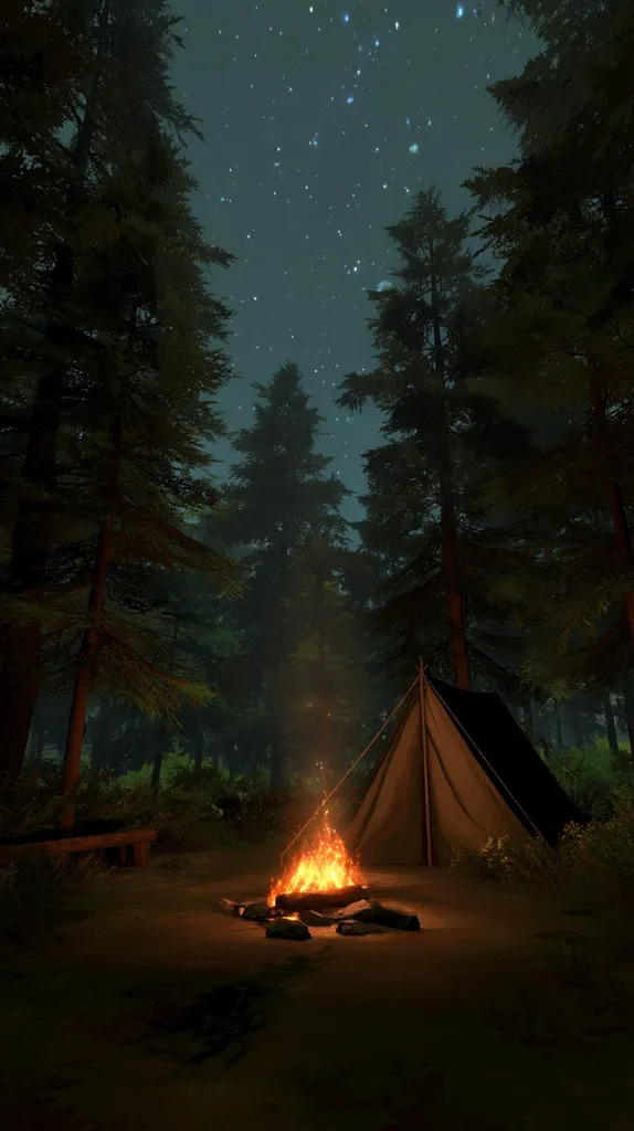 A crackling campfire illuminates a serene forest scene at night.  Tall evergreens surround a small, canvas tent pitched on the forest floor.  The starry sky peeks through the dense canopy, casting a soft glow on the tranquil campsite.  A rustic atmosphere prevails, suggesting peace and solitude in the wilderness.