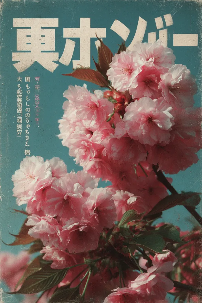 A vintage-style poster features a vibrant cluster of pink cherry blossoms against a teal background.  Japanese characters dominate the top, likely the title.  The faded aesthetic evokes nostalgia, suggesting a film or publication celebrating the beauty of spring in Japan.  The text, partially visible, seems to be descriptive, possibly poetic.