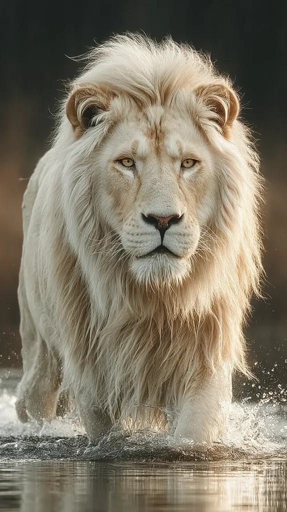A majestic white lion, its long mane flowing, strides through shallow water.  The lion's gaze is direct and intense, its golden eyes piercing. Water splashes around its paws as it moves with regal grace. The background is dark, emphasizing the lion's light fur and powerful presence. The image evokes a sense of wild beauty and untamed power.