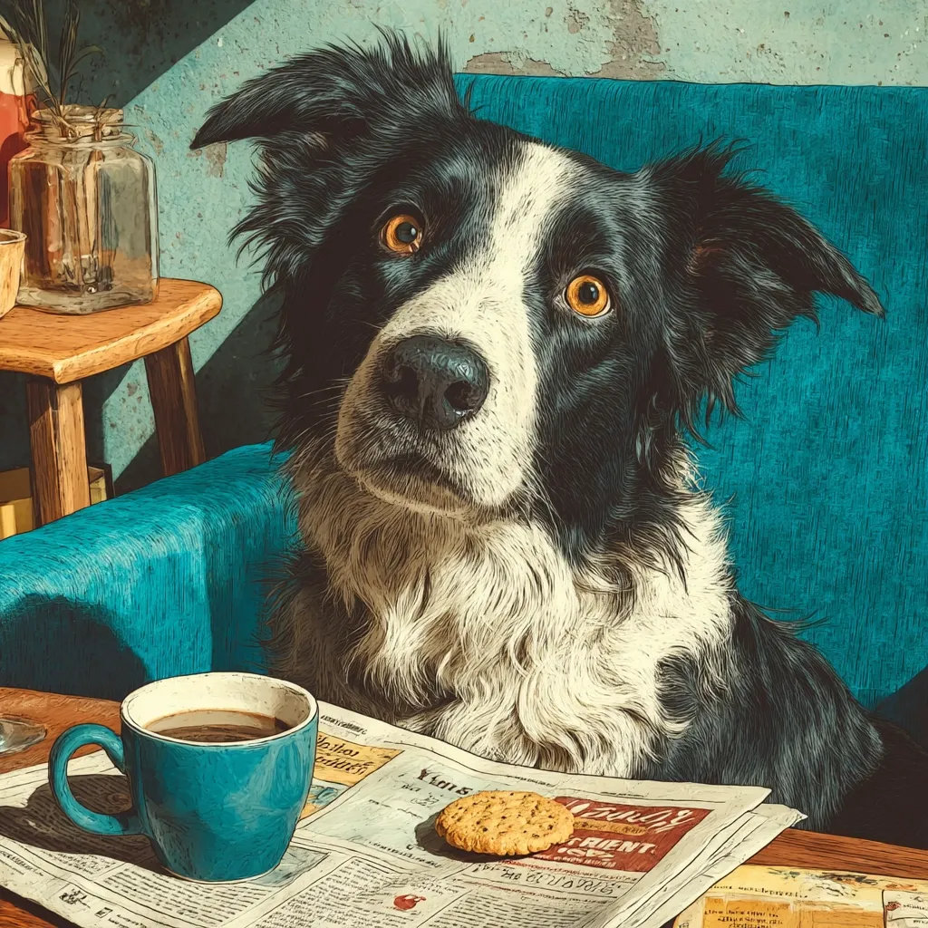 A border collie sits attentively in a teal armchair, gazing directly at the viewer.  A blue coffee cup sits on a newspaper beside a biscuit on a wooden table. The dog's fur is meticulously detailed, and the overall style is reminiscent of vintage illustration. Sunlight streams into the scene, illuminating the dog and its surroundings. The setting is cozy and domestic, conveying a sense of calm and companionship.